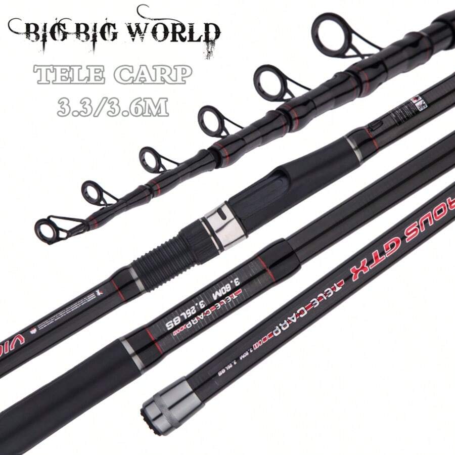 BIGBIGWORLD Canna da pesca per carpa telescopica, punta in fibra di carbonio, peso 1,47 kg, lunghezza 3,3 metri/3,6 m, mulinello da viaggio, in fibra di carbonio ad alta resistenza, lunghezza ripiegata circa 92 cm - nero - Visualizzare 1