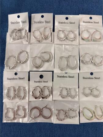 16 对不锈钢戒指和耳环，女士耳钉 - 简约、日韩风格，时尚精致的不对称造型，适合日常和派对场合，是送给家人和女朋友的最佳礼物