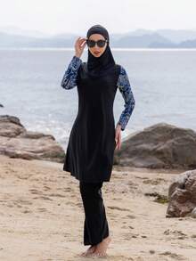 3 PiecesMiddle East Style Long Sleeve & Pants Full Coverage Modest Burkini Swimsuit With Hood, Women Summer Beach