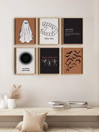 1/6 Pcs Vampire Teeth Bats Wall Picture Ghost Skeletons Print Painting Spooky Quotes Hanging Pictures Halloween Canvas Posters Corridor Dormitory Wall Decoration Picture No Frame