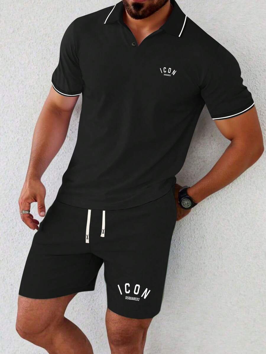 2 件男士夏季休闲 Polo 衫和短裤套装，字母印花，抽绳腰带口袋，时尚休闲海滩度假装，非常适合高尔夫、健身房、篮球、露营，是送给丈夫或男朋友的夏季礼物