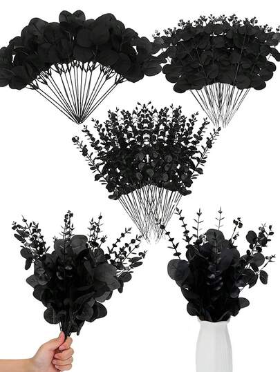 45 件 3 种人造混合桉树叶茎人造银元桉树叶仿绿植喷雾假植物用于婚礼花束中心装饰插花装饰、农舍装饰、秋季家居装饰、万圣节装饰、圣诞节装饰（黑色）