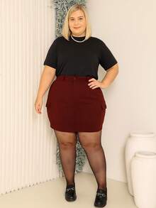 Plus Size Cargo Skirt With Side Pockets, Bengaline Fabric, Elastane, Curve Casual Look, 44 To 52 - Màu Đỏ Sâu - Xem 3