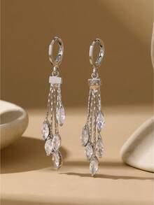 2pcs Fashionable & Elegant Long Colored Cubic Zirconia Earrings, Birthday Gift Jewelry - Leaf - View 5