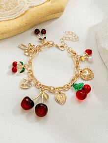 1 件可爱樱桃手链，简约百搭心形蝴蝶结流苏手链，适合节日、生日的优雅礼物 - 彩色 - 查看 2