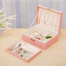 Double Layer Large Capacity Jewelry Box, PU Leather Jewelry Storage Box, Home Jewelry Storage Box, Jewelry Display Box, Solid Color Rectangular Jewelry Storage Box, Dressing Table Jewelry Storage Box, Stackable Storage Box, Keychain Jewelry Box With Removable Tray, Multifunctional Storage For Earrings, Bracelets, Rings, Necklaces, Bedroom Storage Essentials, Back To School Season Essentials, Mom Gifts, Birthday Gifts, Holiday Gifts