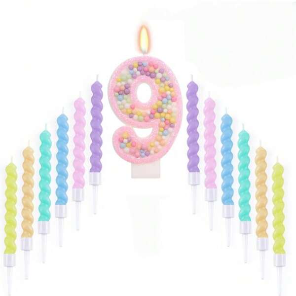 13pc Number 0-9 Digit Birthday Candles,Macaron Style With Glitter Sequins, Suitable For Birthday Party Cake Decoration, Suitable For Anniversary Parties,Suitable Wedding Anniversary , Suitable For Cute Pet Theme Cake Decoration Candles, Cake Decoration Pure Handmade DIY,Preferred Gift