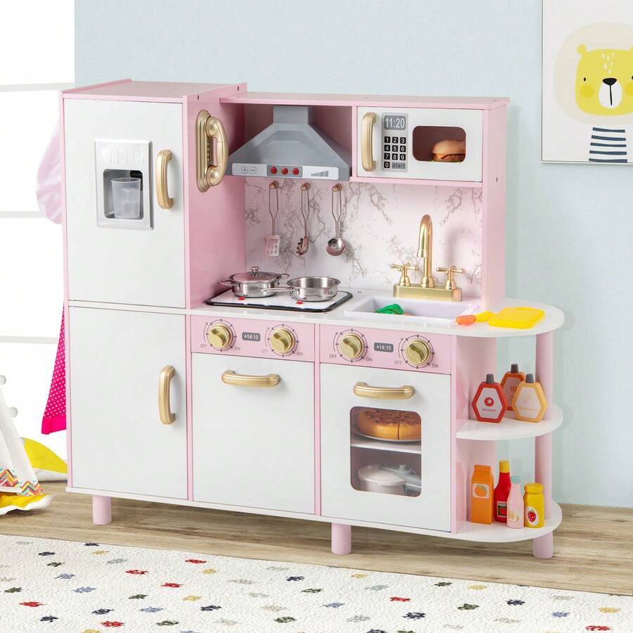 Kids Kitchen Playset W/ Apron Stoves Hood Oven Ice Maker Microwave Telephone - Pink - View 1