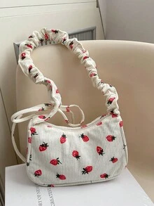 1个可爱草莓印花女童单肩包，抽绳设计，儿童休闲包，零钱包，多功能轻便便携，拉链封口，适合日常收纳、旅行、购物、儿童户外活动、超市购物、节日礼物、送给女儿的礼物，时尚灯芯绒清新甜美休闲包，钥匙扣，适合儿童、学生、女孩、青少年、闺蜜旅行配件 - 彩色 - 查看 4