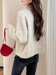 Women's Colorblock Heart Button Crew Neck Cardigan, Autumn/Winter - Beige - View 2