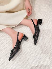 Xin Jing Shoes 女式高跟方头蝴蝶结编织时尚百搭踝带粗跟浅口鞋 - 黑色 - 查看 8