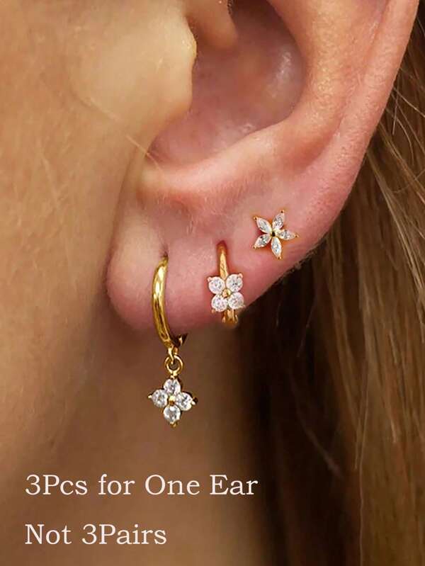 3 pièces Boucles d'oreilles à tige fleur à 5 pétales en zircone, boucles d'oreilles empilables pour femmes, plaqué or 18 carats, hypoallergénique, anneaux tragus hélix, bijoux de piercing pour oreille pour femmes et filles