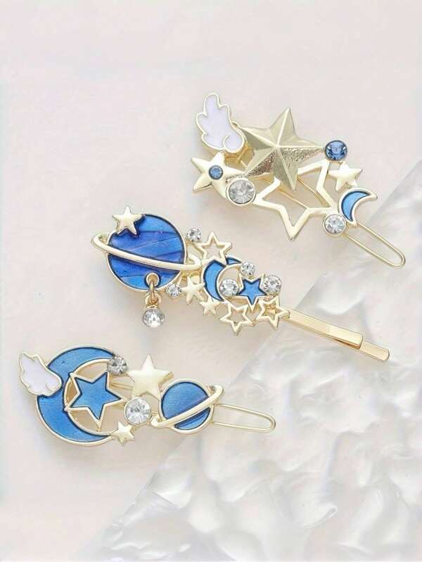 3 Peças/Conjunto Grampos de Cabelo Céu Estrelado Cartoon, Grampos de Cabelo Asas Estreladas Brilhantes Grampos de Franja Acessórios de Cabelo Fofos para Meninas (Apenas Cartão para Fotografia)