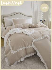 花卉荷叶边被套套装，双人/大号/特大号可选，复古别致风格，3 件套，超柔软轻盈透气超细纤维被套，男女童适用，1 个带拉链被套，2 个枕套，不含被芯。 - 米色 - 查看 1