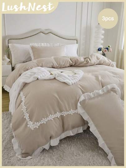 Floral Ruffle Duvet Cover Set Twin Queen King Size Shabby Chic Bedding Set 3 Pcs Super Soft Lihtweight Breathable Microfiber Duvet Cover For Boys&Girls 1 Duvet Cover With Zipper 2 Pillowcases No Comforter