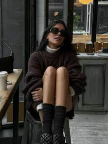 Senya 女士纯色圆领扭结针织宽松毛衣，简约复古针织上衣，适合毕业季和返校季，秋冬季 - 咖啡棕 - 查看 3