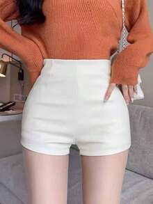 PU pantalones cortos de las mujeres verano / otoño picante chica de cintura alta delgada pantalones ajustados calientes - Blanco - Ver 5