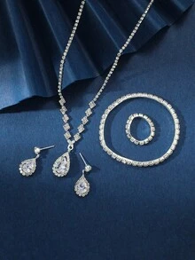 Bộ trang sức đính đá lấp lánh 5 món, hoa tai Y2K sang trọng màu hồng, nhẫn, vòng tay, vòng cổ, phụ kiện váy cưới cô dâu - trắng - Xem 5