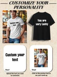 Customized Text Printed Men's T-Shirt, Personalized Text/Name/Message/Fun Text/Blessing T-Shirt, Holiday Gift, Anniversary Gift, Music Festival, Gift For Him, Men's Casual Loose Short Sleeve Round Neck T-Shirt, Party Wear