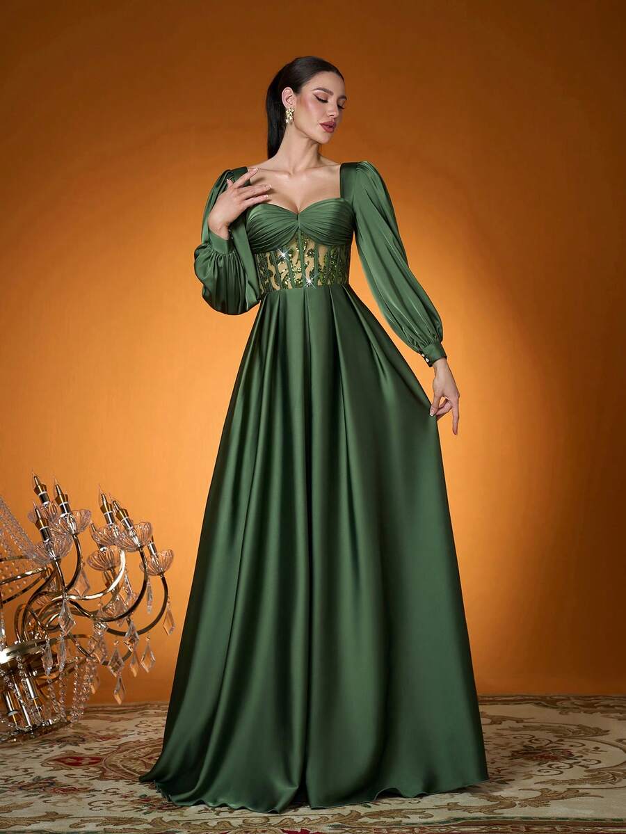 Mgiacy,New Arrival,V-Neck,Elegant,Ball Dress,Ruffle,Sequin,Perspective,Lantern Sleeve,FOR,Prom Wedding,Graduation,Wedding Guest,Party Dress,Wedding Guest Dress, Evening Dress,Green Dress For Women