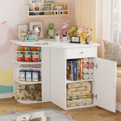 AYYDS Cambiador de esquina con cambiador extraíble Cambiador con 2 cajones y 3 compartimentos abiertos Cambiador de bebé 85 x 85 x 86,5 cm Repisa cambiador Cambiador versátil Blanco