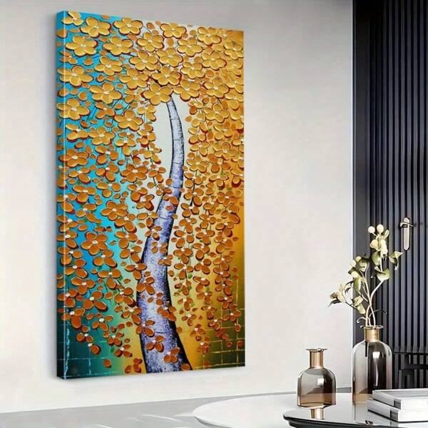 1pc Framed Modern Abstract Golden Floral Wall Art - Vibrant Nature Decor, Wooden Frame, Large Textured Natural Style Painting, Suitable For Living Room, Bedroom Or Home Office, Home Decoration