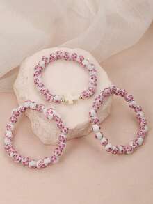 3PCS Vintage Chinese Style Elastic Ceramic Beaded Bracelet Cross Charm Beaded Bracelet For Women Vintage Chinese Style Cross Elastic Ceramic Beaded Faux Pearl Stackable 14K Gold Plated Stretch Bead Ball Bracelet Cross Jewelry Set With Heart Gifts For Woman Encouragement Gift, Friend Gifts, Sister Birthday Gifts, Gifts, Inspirational Gifts, Christmas Gifts - Multicolor - View 7