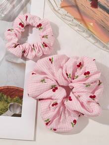 2条/套 春夏波西米亚风针织樱花粉色格子发圈，甜美乡村海滩风柔软弹力发圈，大号和小号可选，可扎马尾，可用作发圈，洗脸、化妆、居家健身等场合的女士发饰，也可用作头饰或弹力发带 - 彩色 - 查看 1