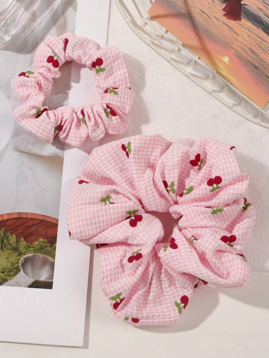 2条/套 春夏波西米亚风针织樱花粉色格子发圈，甜美乡村海滩风柔软弹力发圈，大号和小号可选，可扎马尾，可用作发圈，洗脸、化妆、居家健身等场合的女士发饰，也可用作头饰或弹力发带 - 彩色 - 查看 1