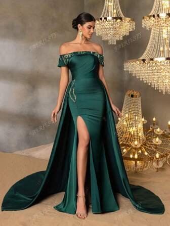 Faeriesty Robe de soirée élégante et magnifique avec détails de perles à épaules dénudées pour les mariages, les galas, les fêtes de Cannes, les remises de prix et les banquets Top de gamme