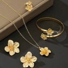 5-Piece Set Summer Holiday Elegant Floral 5-Petal Pendant Necklace, 1 Pair Of Earrings, 1 Necklace, 1 Bracelet, 1 Set Of Rings - Suitable For Daily, Casual, Party, Commuter, Vacation, Dating, Party, Fashion Women Jewelry Gifts