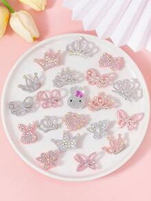 20pcs Random Pink & White Cute Rhinestone Hollow Non-Woven Fabric Hair Clips, Elegant Sparkling Side Bangs Clips, Suitable For Girls Daily, Party, Outing, Including Crown, Rabbit, Heart, Butterfly, Bow Designs, Dreamy Pink & White Color Scheme, Create Fairy Tale Style For Girls - Multicolor - View 6