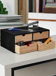 Bamboo Desk Organizer – 4 Wide Drawers, 13.5x33x21 Cm, Black MDF Body, Space-Saving, Modern - Natural e Preto - 查看 6