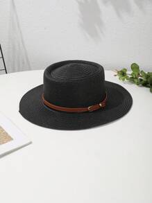 قبعة قش بوهيمية بإبزيم جلد بني محدب مسطح، مناسبة للاستخدام الخارجي في الصيف والسفر والعطلات