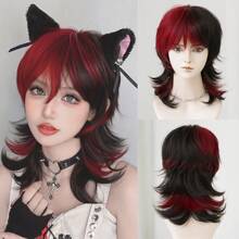 NAMM 12 英寸黑色挑染红狼剪短假发，带刘海，适合女士，自然蓬松，非常柔软，合成耐热纤维发丝，全机制作漂亮卷发假发，适合女孩日常、音乐节派对街头穿着、角色扮演动漫或服装使用（自然分层纹理且轻盈）