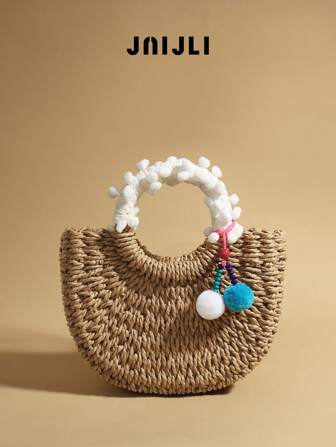 JNIJLI 1 件波西米亚度假风格流苏草编马鞍篮包，手提包，法式复古编织包，适合日常通勤、时尚商务休闲、旅行度假、海滩婚礼、野餐、节日、海滩，是送给女性、母亲、教师、朋友、伴娘的最佳礼物，配有流苏吊饰