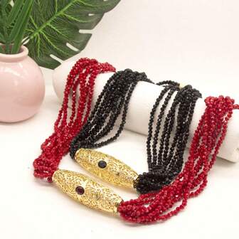 1pc Luxurious Faux Crystal Beaded Necklace, Multi-Layer Chain, Gold Cylinder Pendant, Hollow Arabic Floral Pattern, Moroccan Bridal Traditional Jewelry, Suitable For Wedding, Festival, Party