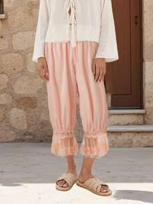 Women Lace Trim Bloomers Casual Elastic Mid Rise Ruffle Cropped Pants Loose Slips Trousers Comfort Bottoms - 香檳色 - 查看 3