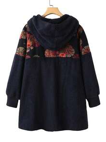 Plus Size Winter Fleece-Lined Vintage Floral Print Hooded Casual Cardigan Jacket - Navy - View 4