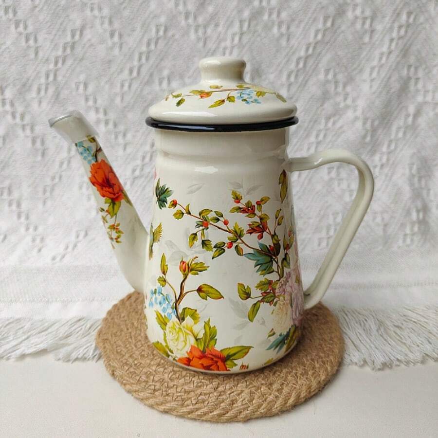 1 pièce Cafetière en émail vintage 1,2 L, bouilloire à verser à la main, théière de maison, pot d'eau froide, pot à huile, théière et cafetière de restaurant rétro en émail, décoration en émail, cafetière à verser à la main en émail épais, bouilloire en émail, pot à huile de cuisine