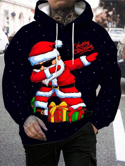 Sudadera casual con capucha y cordón de hombre con estampado 3D de Papá Noel