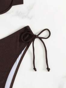 女士新款纯色系带比基尼套装，带钢圈支撑，性感两件套泳衣，可调节肩带沙滩装