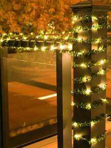 1pc 1/2/5m LED Green Vine Leaf Copper Wire Fairy String Lights, DIY Artificial Flower Wreath, Battery Powered, Wedding Party Holiday Decor Lamp String,Bedroom Wall Decor Leaf String Light,Outdoor Garden Decor LED Light String - Green - View 8