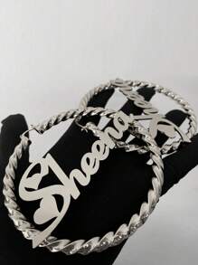 1 Pair Of 7cm Large Hoop Earrings, Customized Name, Text, Personalized Earrings, 18k Gold Fashion Jewelry Stainless Steel, Nameplate Bamboo Earrings - Gold Name Circle - Large Circle Earrings Thanksgiving Christmas - Silver - View 2