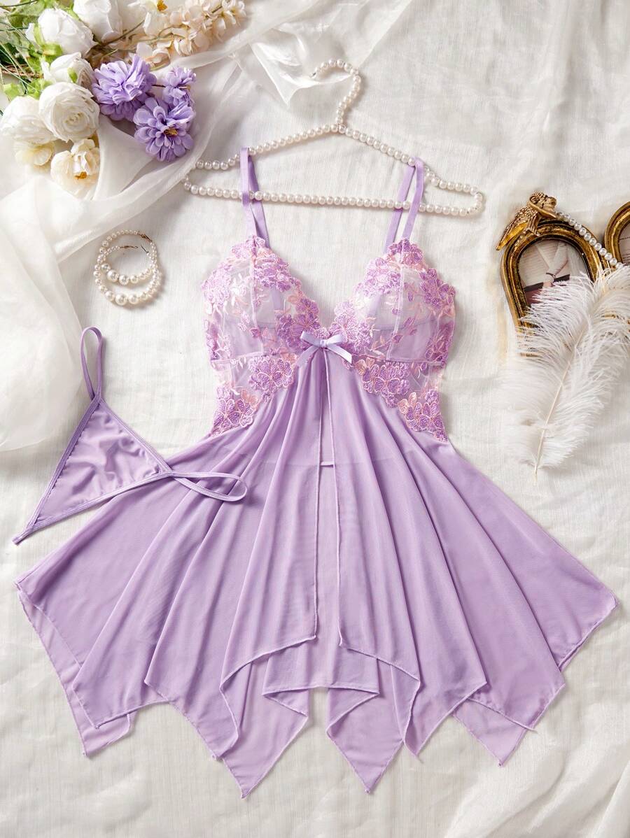 ROMWE Kawaii Unlock The Mysterious Light Purple Embroidered Sheer Nightgown, Gently Wrapping The Charming Figure, Sexy Asymmetric/Asymmetrical Sheer Thong, Going Out, For Valentine's Day