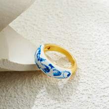 1 件中国风铜镀青花瓷新中式陶瓷波纹戒指首饰配件