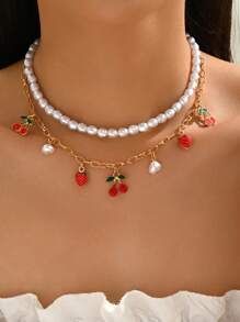2 件套夏季可爱甜美不对称人造珍珠项链，带水果吊饰（草莓、樱桃），百搭首饰，适合日常佩戴和约会 - 彩色 - 查看 1