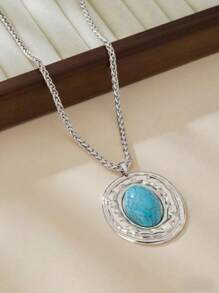 1 件蛇皮链金属椭圆形仿绿松石吊坠项链珠宝配饰 - 适合女性日常佩戴 - 銀色+綠松石 - 查看 2