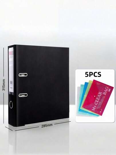 1 pasta de cor aleatória + 5 bolsos de arquivo de PVC com design de 11 furos, compatível com fichários de 3 argolas - material PP durável, adequado para documentos de escritório e escolares, pastas de plástico transparente, capas de armazenamento transparentes, pastas escolares, acessórios de fichário, organização de moda, capas protetoras, corporativo, conjunto de pasta + bolso de arquivo, materiais de escritório