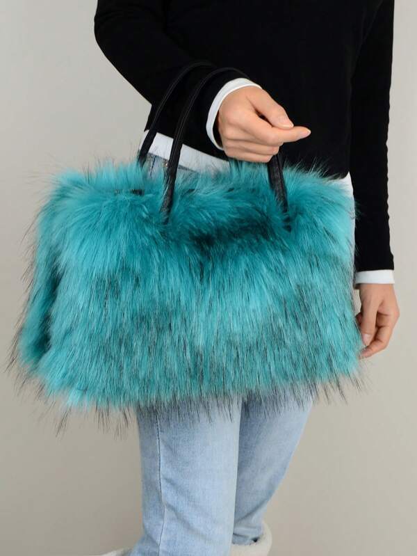 New Plush Wrist Strap Bag For Women, Autumn/Winter Faux Fur Clutch Bag, Fashion Handbag With Large Space, Solid Color Faux Mink Fur Tote Bag, Spacious Rectangular Bag, Lake Blue